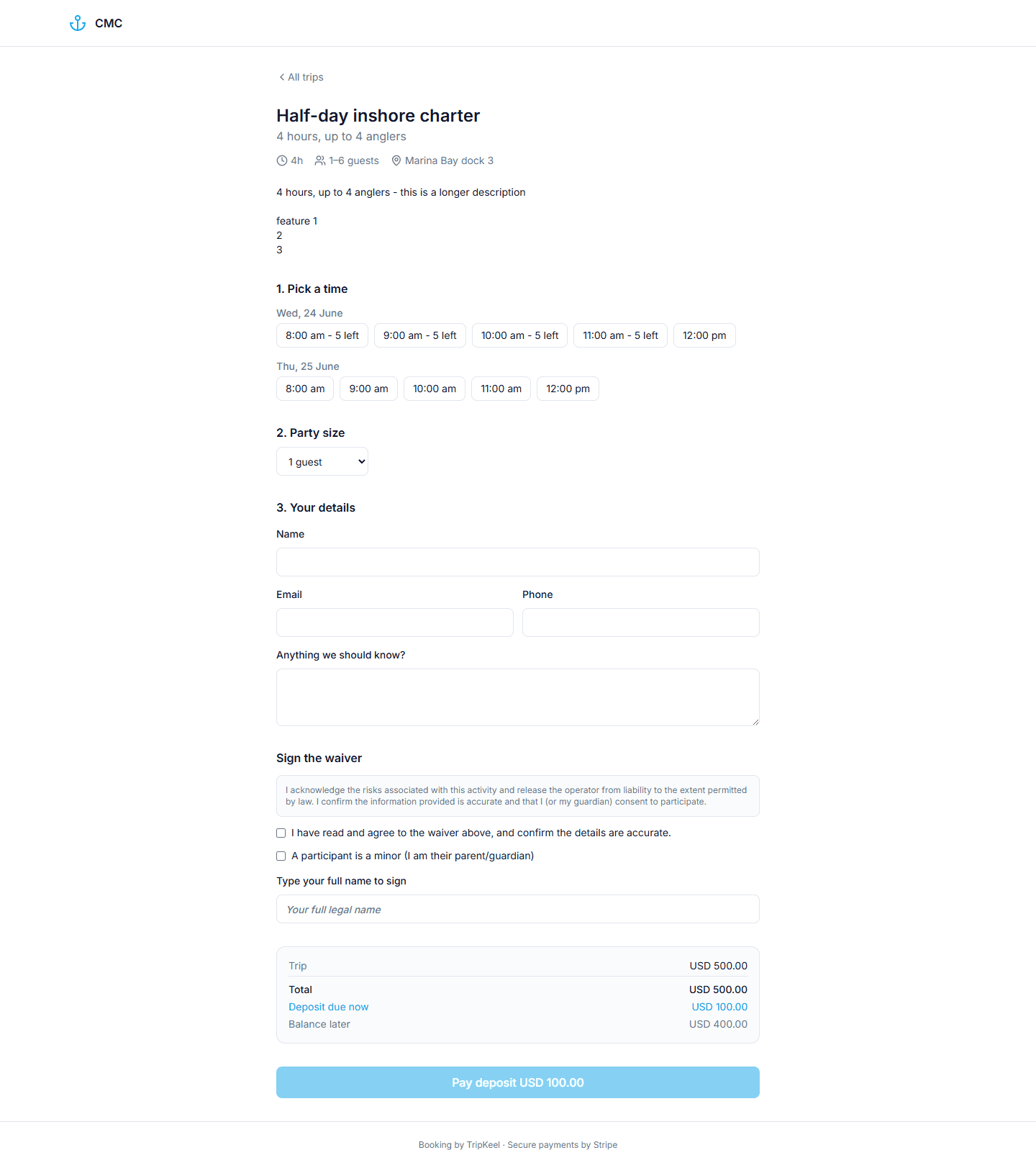 TripKeel public fishing charter booking page